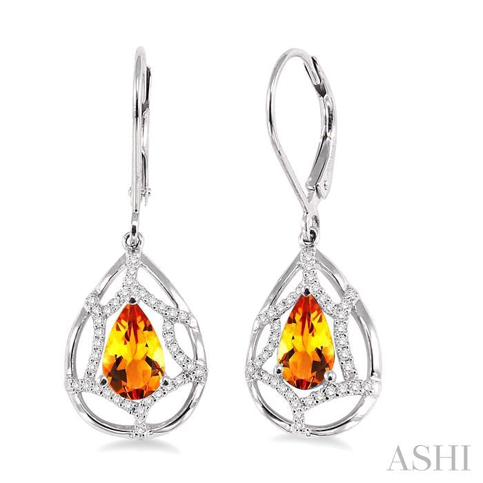 8x5 MM Pear Shape Citrine and 1/4 Ctw Round Cut Diamond Semi-Precious Earrings in 14K White Gold