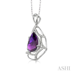 10x7 MM Pear Shape Amethyst and 1/5 Ctw Round Cut Diamond Semi-Precious Pendant in 14K White Gold with Chain