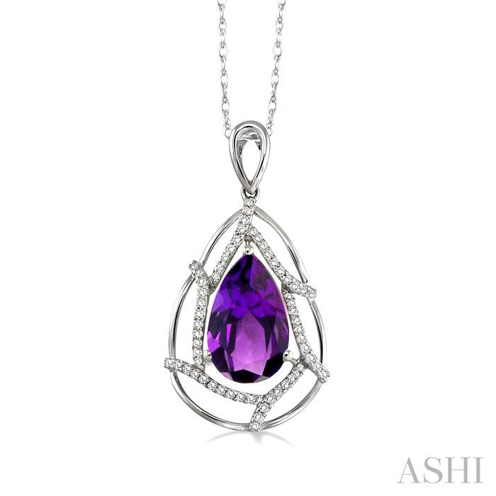 10x7 MM Pear Shape Amethyst and 1/5 Ctw Round Cut Diamond Semi-Precious Pendant in 14K White Gold with Chain