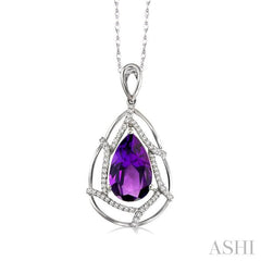 10x7 MM Pear Shape Amethyst and 1/5 Ctw Round Cut Diamond Semi-Precious Pendant in 14K White Gold with Chain