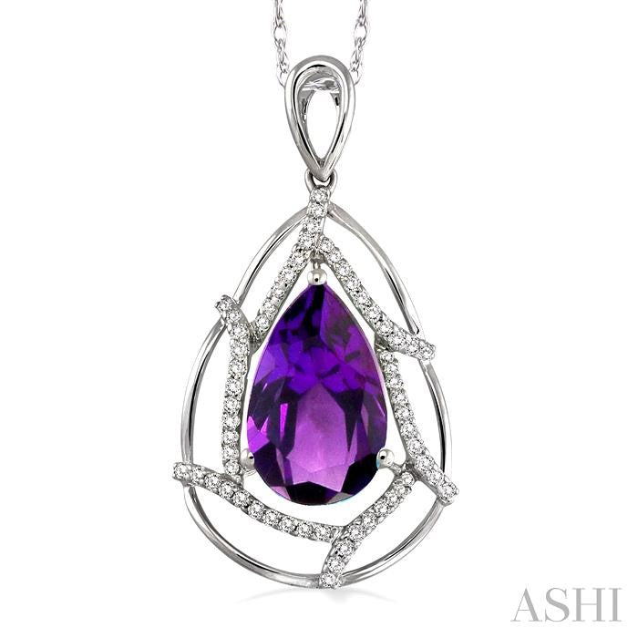 10x7 MM Pear Shape Amethyst and 1/5 ctw Round Cut Diamond Semi Precious Pendant in 14K White Gold with Chain