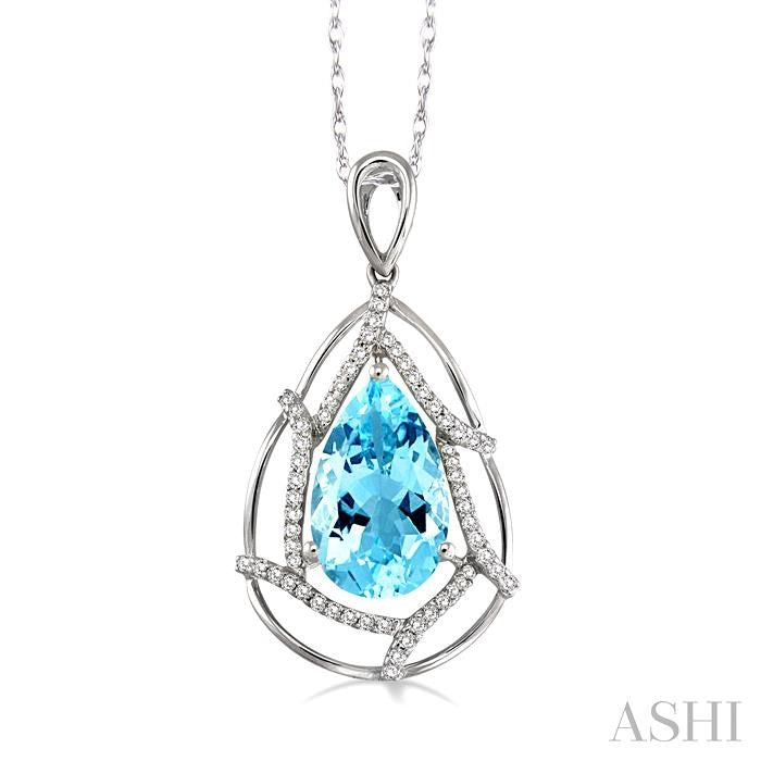 10x7 MM Pear Shape Aquamarine and 1/5 Ctw Round Cut Diamond Semi-Precious Pendant in 14K White Gold with Chain