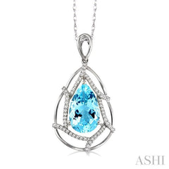 10x7 MM Pear Shape Aquamarine and 1/5 Ctw Round Cut Diamond Semi-Precious Pendant in 14K White Gold with Chain