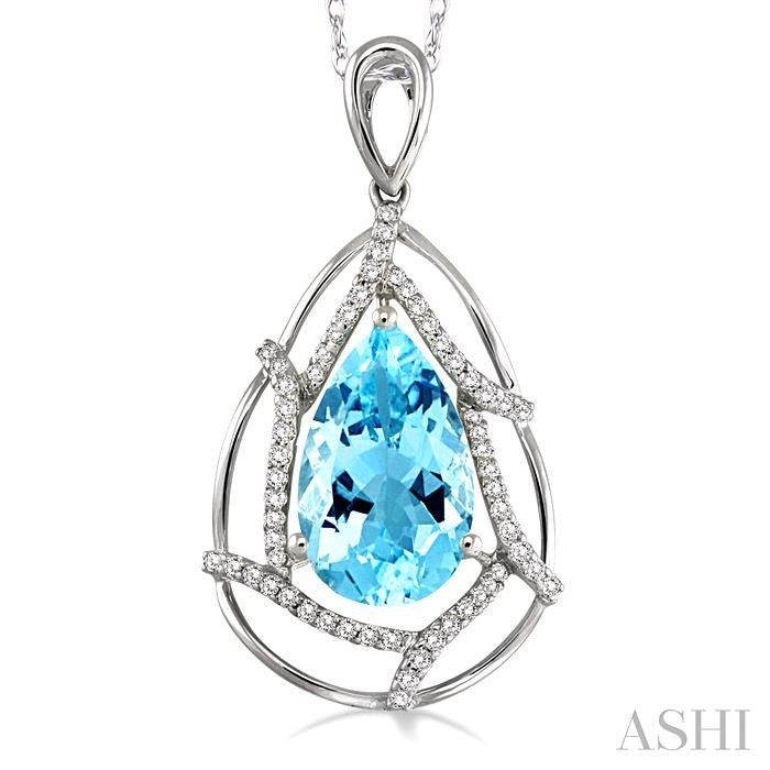 10x7 MM Pear Shape Aquamarine and 1/5 Ctw Round Cut Diamond Semi-Precious Pendant in 14K White Gold with Chain