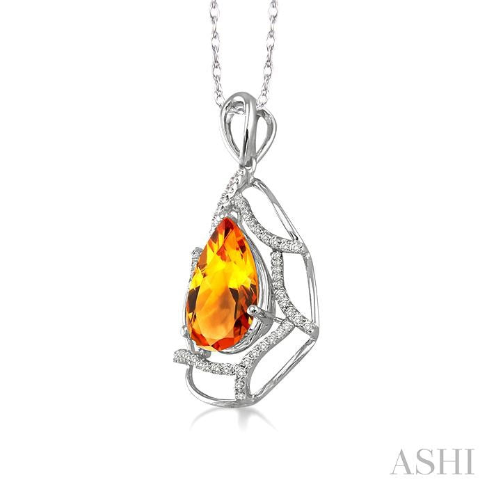 10x7 MM Pear Shape Citrine and 1/5 Ctw Round Cut Diamond Semi-Precious Pendant in 14K White Gold with Chain