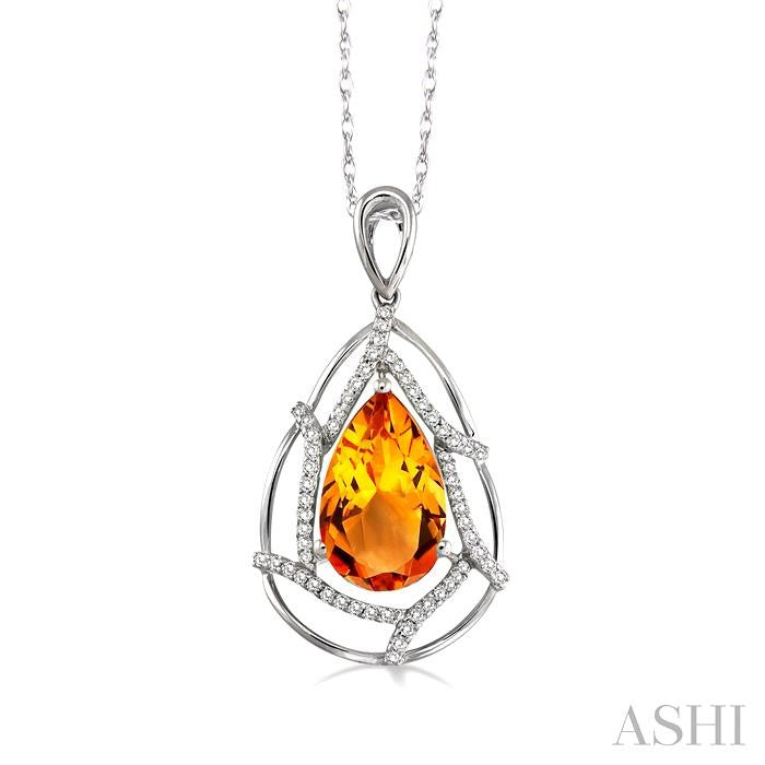 10x7 MM Pear Shape Citrine and 1/5 ctw Round Cut Diamond Semi Precious Pendant in 14K White Gold with Chain