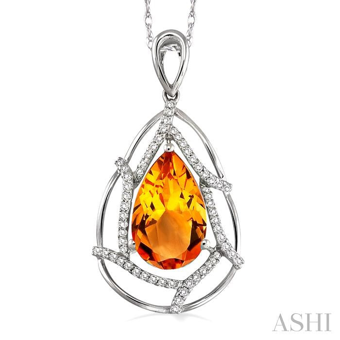 10x7 MM Pear Shape Citrine and 1/5 Ctw Round Cut Diamond Semi-Precious Pendant in 14K White Gold with Chain