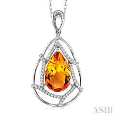 10x7 MM Pear Shape Citrine and 1/5 Ctw Round Cut Diamond Semi-Precious Pendant in 14K White Gold with Chain