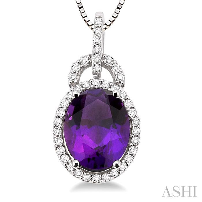 11x9 MM Oval Cut Amethyst and 1/3 Ctw Round Cut Diamond Pendant in 14K White Gold with Chain