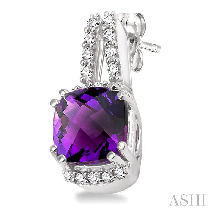 7 MM Cushion Shape Amethyst and 1/4 Ctw Round Cut Diamond Earrings in 14K White Gold