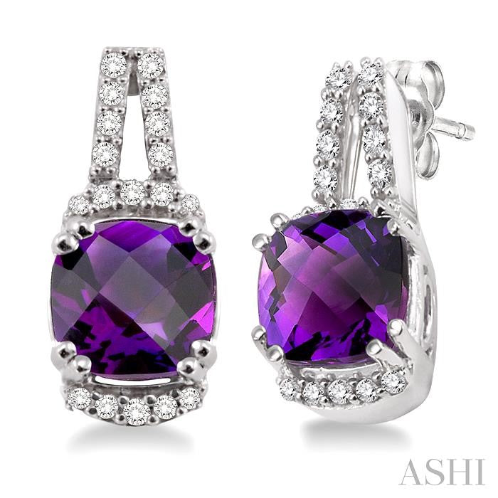 7 MM Cushion Shape Amethyst and 1/4 Ctw Round Cut Diamond Earrings in 14K White Gold