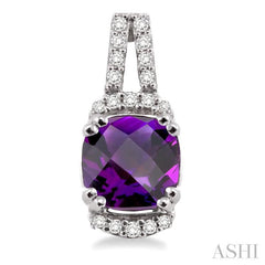 7 MM Cushion Shape Amethyst and 1/4 Ctw Round Cut Diamond Earrings in 14K White Gold