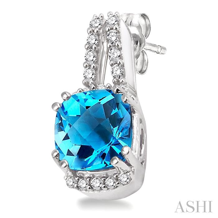7x7 MM Cushion Shape Blue Topaz and 1/4 Ctw Round Cut Diamond Earrings in 14K White Gold