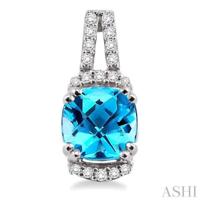 7x7 MM Cushion Shape Blue Topaz and 1/4 Ctw Round Cut Diamond Earrings in 14K White Gold