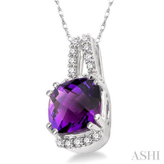 8x8 MM Cushion Shape Amethyst and 1/5 Ctw Round Cut Diamond Pendant in 14K White Gold with Chain