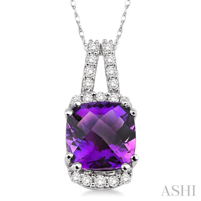 8x8 MM Cushion Shape Amethyst and 1/5 Ctw Round Cut Diamond Pendant in 14K White Gold with Chain