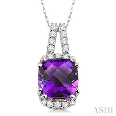 8x8 MM Cushion Shape Amethyst and 1/5 Ctw Round Cut Diamond Pendant in 14K White Gold with Chain