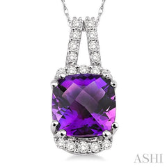 8x8 MM Cushion Shape Amethyst and 1/5 Ctw Round Cut Diamond Pendant in 14K White Gold with Chain