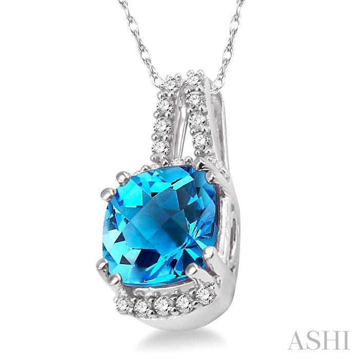 8x8 MM Cushion Shape Blue Topaz and 1/5 Ctw Round Cut Diamond Pendant in 14K White Gold with Chain