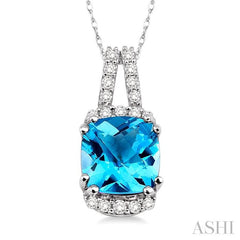 8x8 MM Cushion Shape Blue Topaz and 1/5 ctw Round Cut Diamond Pendant in 14K White Gold with Chain