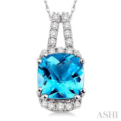 8x8 MM Cushion Shape Blue Topaz and 1/5 ctw Round Cut Diamond Pendant in 14K White Gold with Chain