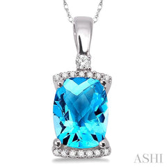 9x7 MM Cushion Shape Blue Topaz and 1/10 ctw Round Cut Diamond Pendant in 14K White Gold with Chain
