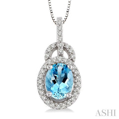 8x6 MM Oval Cut Aquamarine and 1/4 ctw Round Cut Diamond Pendant in 14K White Gold with Chain
