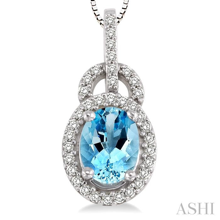 8x6 MM Oval Cut Aquamarine and 1/4 Ctw Round Cut Diamond Pendant in 14K White Gold with Chain