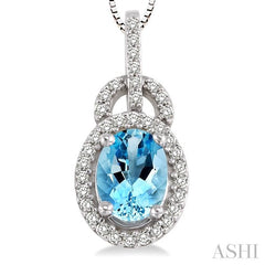 8x6 MM Oval Cut Aquamarine and 1/4 Ctw Round Cut Diamond Pendant in 14K White Gold with Chain