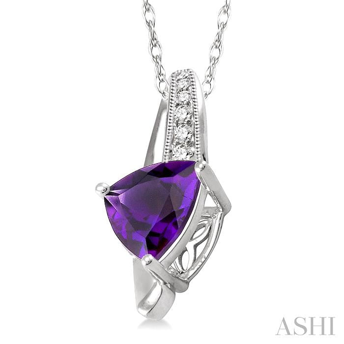 8x8 MM Trillion Cut Amethyst and 1/20 Ctw Round Cut Diamond Pendant in 10K White Gold with Chain
