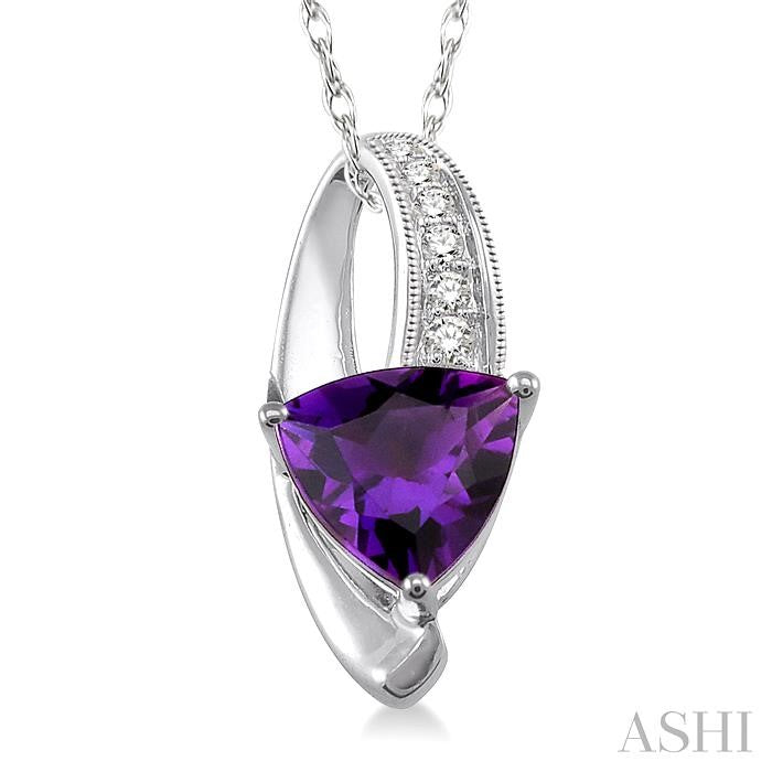 8x8 MM Trillion Cut Amethyst and 1/20 Ctw Round Cut Diamond Pendant in 10K White Gold with Chain