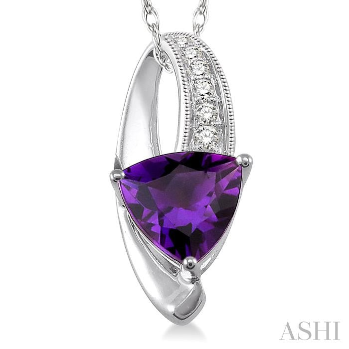 8x8 MM Trillion Cut Amethyst and 1/20 Ctw Round Cut Diamond Pendant in 10K White Gold with Chain
