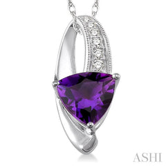 8x8 MM Trillion Cut Amethyst and 1/20 Ctw Round Cut Diamond Pendant in 10K White Gold with Chain