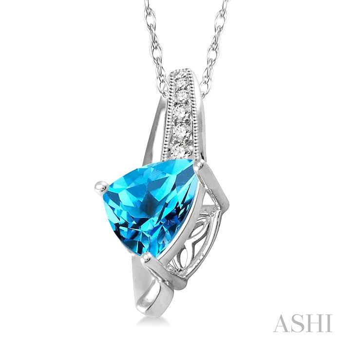 8x8 MM Trillion Cut Blue Topaz and 1/20 Ctw Round Cut Diamond Pendant in 10K White Gold with Chain