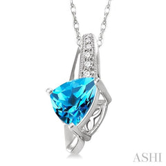 8x8 MM Trillion Cut Blue Topaz and 1/20 Ctw Round Cut Diamond Pendant in 10K White Gold with Chain