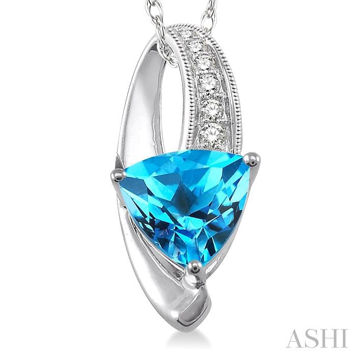 8x8 MM Trillion Cut Blue Topaz and 1/20 Ctw Round Cut Diamond Pendant in 10K White Gold with Chain