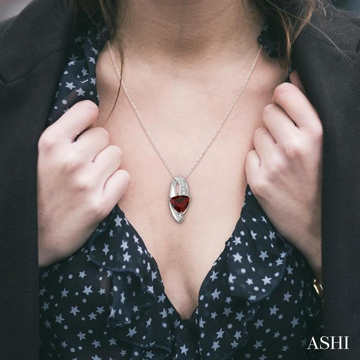 8x8 MM Trillion Cut Garnet and 1/20 ctw Single Cut Diamond Pendant in 10K White Gold with Chain