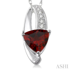8x8 MM Trillion Cut Garnet and 1/20 ctw Single Cut Diamond Pendant in 10K White Gold with Chain
