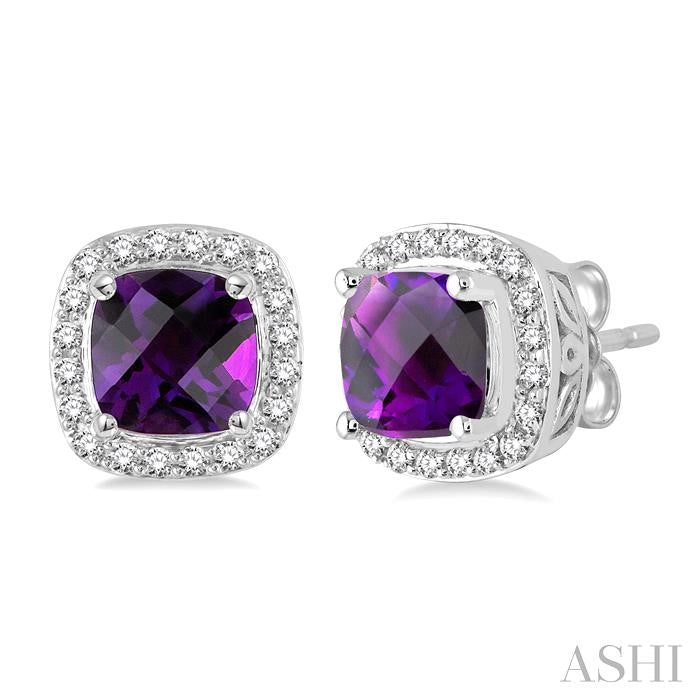 6x6 MM Cushion Shape Amethyst and 1/4 Ctw Round Cut Diamond Earrings in 14K White Gold