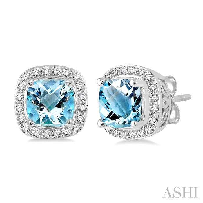6x6 MM Cushion Shape Aquamarine and 1/4 Ctw Round Cut Diamond Earrings in 14K White Gold