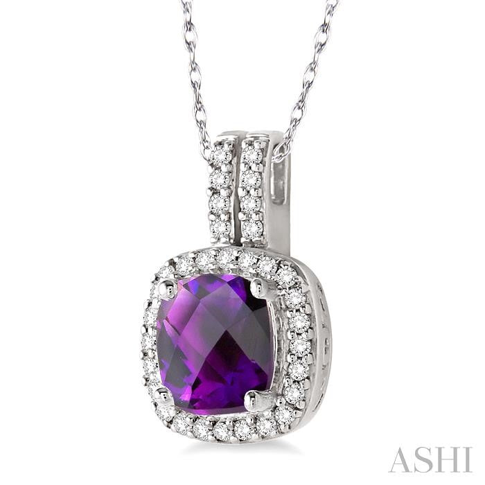 7x7 MM Cushion Shape Amethyst and 1/5 ctw Round Cut Diamond Pendant in 14K White Gold with Chain