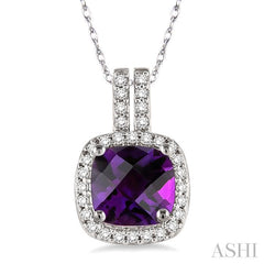 7x7 MM Cushion Shape Amethyst and 1/5 Ctw Round Cut Diamond Pendant in 14K White Gold with Chain