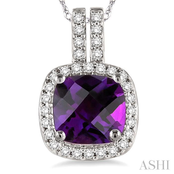 7x7 MM Cushion Shape Amethyst and 1/5 ctw Round Cut Diamond Pendant in 14K White Gold with Chain