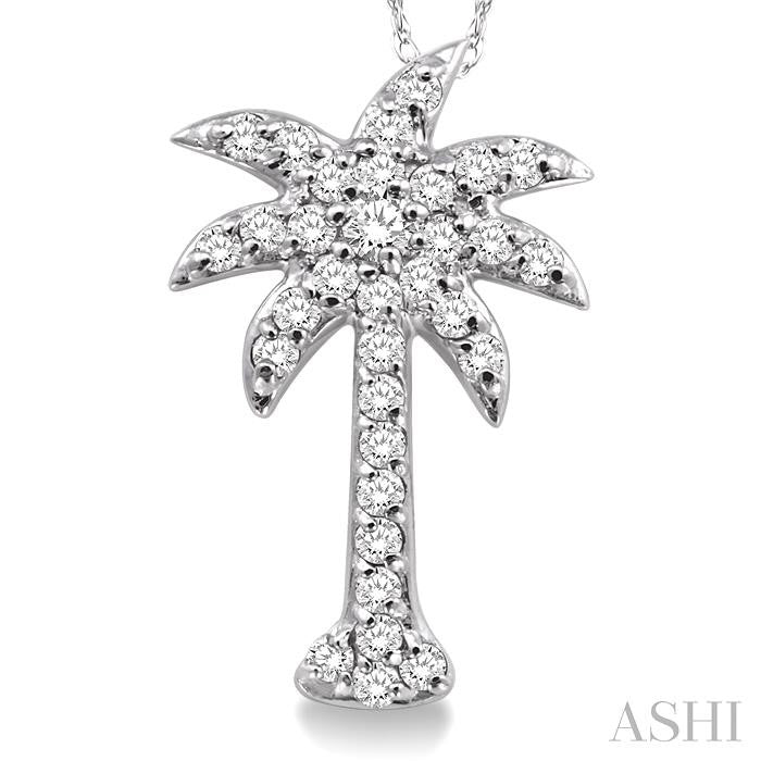 1/5 Ctw Palm Tree Round Cut Diamond Pendant in 10K White Gold with Chain