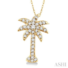 1/5 Ctw Palm Tree Round Cut Diamond Pendant in 10K Yellow Gold with Chain
