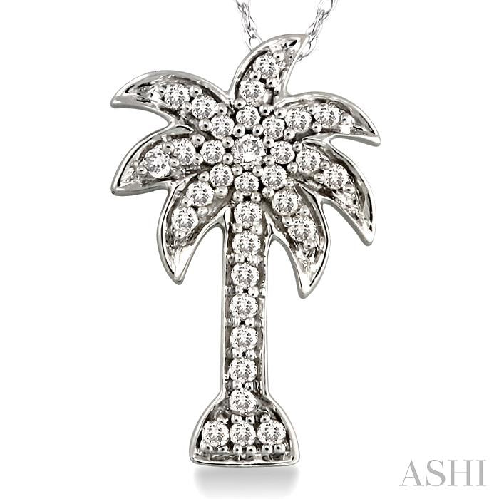 1/4 Ctw Palm Tree Round Cut Diamond Pendant in 10K White Gold with Chain
