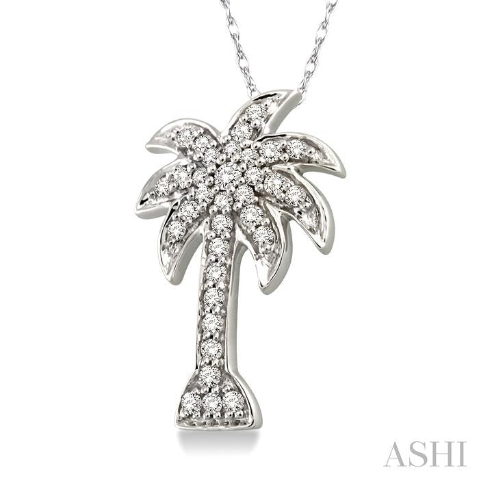 1/10 Ctw Palm Tree Round Cut Diamond Pendant in 14K White Gold with Chain