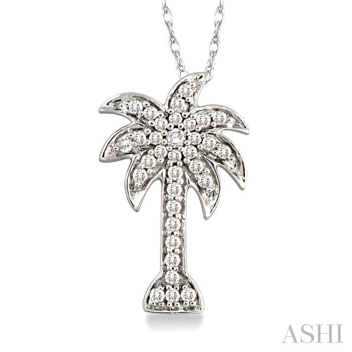 1/10 Ctw Palm Tree Round Cut Diamond Pendant in 14K White Gold with Chain