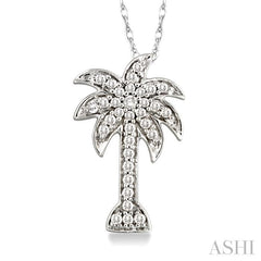 1/10 Ctw Palm Tree Round Cut Diamond Pendant in 14K White Gold with Chain