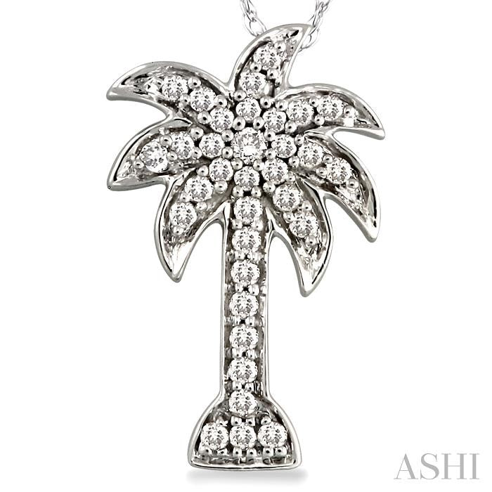 1/10 Ctw Palm Tree Round Cut Diamond Pendant in 14K White Gold with Chain